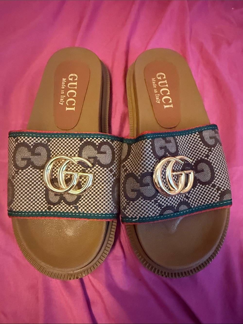 Gucci Brown Leather & GG Canvas Slide Sandals with Gold Hardware
